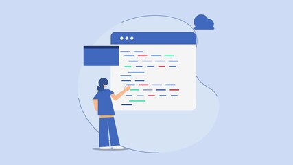 Woman web development engineer inspecting cloud integrated code on web dashboard, linking to cloud storage and data security.