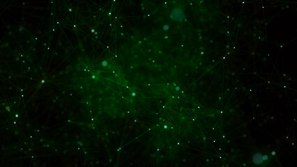 Wall Mural - network connection structure. abstract green background with moving dots, lines and triangles. futur