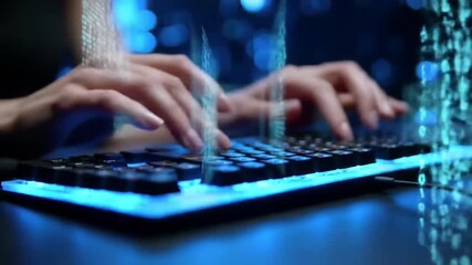 Hands typing on glowing keyboard with digital data streams, representing coding and technology in motion.