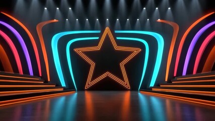 Wall Mural - Neon star shape glowing with colorful light strips and illuminated stairs on dark modern stage under vibrant glowing spotlights creating dynamic atmosphere for performance event