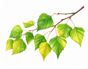 watercolor painting of birch tree branch with green and yellow leaves on white background