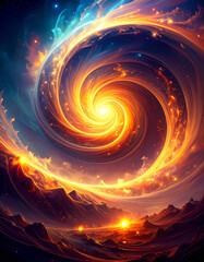 Wall Mural - Golden Swirl Galaxy with Dark Mountain Landscape and Starry Sky Digital Art