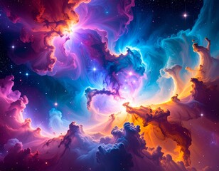 Wall Mural - Vibrant Cosmic Nebula with Stars in Deep Space with Orage Purple and Blue Colors