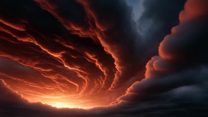 Wall Mural - Fiery orange sunset with dramatic swirling dark clouds creating powerful intense sky scene full of dynamic texture contrast storm nature weather atmospheric cloud