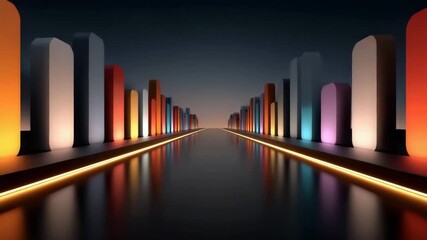 Wall Mural - colorful illuminated abstract cityscape with glowing buildings reflecting smooth surface creating fu