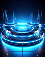 Wall Mural - Futuristic Technology with Blue Neon Light on Abstract Digital Stage Platform