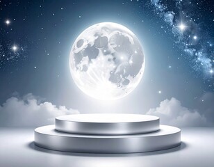 Wall Mural - Dramatic Silver Platform Featuring a Glowing Full Moon Against a Starry Blue Sky