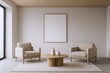 © The Little Hut - Minimalist Interior with Blank Frame Mockup: Beige Armchairs, Round Table, and Natural Light for Art Display