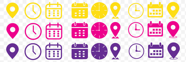 Wall Mural - Address time date icons set. Address location icon. Clock icon. Calendar icon. Time, date and address icon set. Modern flat style, perfect for apps, maps, schedules, and business use. Vector Eps 10
