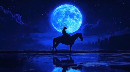 A silhouette of a cowboy on horseback under a large blue moon reflecting in water.