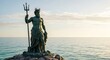 © baskoro - Majestic Poseidon Statue by the Sea at Sunrise.