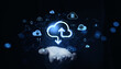 © ImageFlow - Cloud storage concept with glowing upload and download icons above an open hand on a dark background representing online data transfer and access.