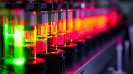 Wall Mural - Colorful vials glowing under vibrant neon lights. This image captures the intersection of science and art. Perfect for projects related to innovation. Generative AI