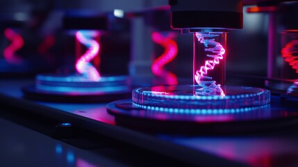 Wall Mural - Futuristic lab scene featuring glowing spirals in glass containers. This artwork showcases innovation in science and technology. Bright colors illuminate the space. Generative AI