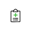 © Ipmawan - Simple black outline graphic of a medical clipboard with a green plus sign