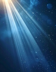 Wall Mural - Celestial Light Beams Radiating Through Blue Cosmic Sky with Stars in Deep Space