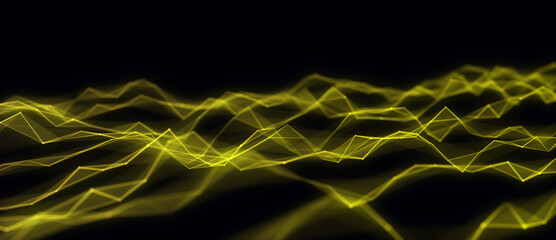 Wall Mural - Yellow wave of particles and lines. Big data visualization. Abstract background with a dynamic wave. 3d rendering.