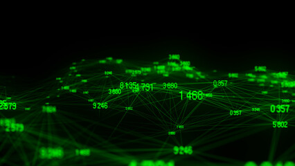 Wall Mural - Block chain technology concept. Big data visualization. Artificial intelligence. Green network connection structure. Abstract digital background with matrix. 3d rendering.