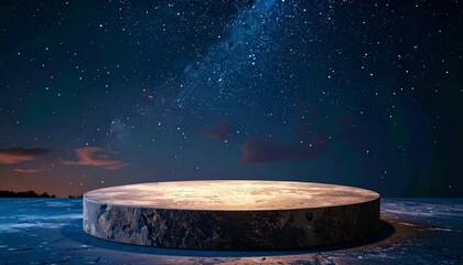 Wall Mural - Round Stone Podium Platform against Starry Galaxy Sky in Deep Blue Night