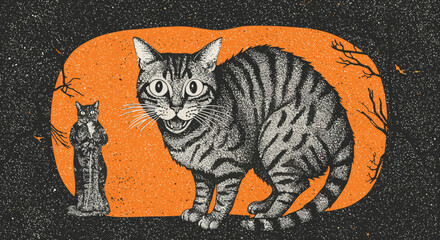  Spooky Vintage Halloween Illustration Featuring Black Cat and Cat Statue in Night Scene