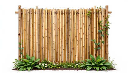 high resolution isolated biodegradable fencing system, crafted with lightweight bamboo structure, engineered for low environmental impact, rendered on seamless white void.