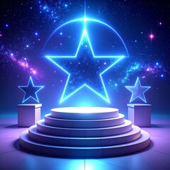 Wall Mural - Illuminated Neon Star on White Stage Against a Starry Galaxy Background in Dark Blue
