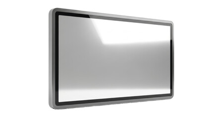 An empty, sleek, modern digital display frame with dark metallic gray bezel and highly reflective silver screen on a transparent studio background, concept of future data presentation
