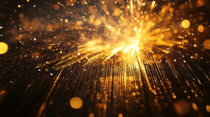 Golden fireworks exploding on a wooden surface with bokeh lights effect