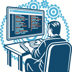 Rear view shows a man typing code on his computer surrounded by gears