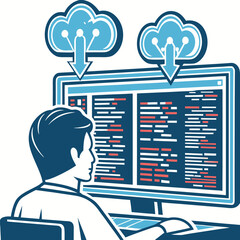 Man views code lines on computer screen while clouds provide cloud connectivity