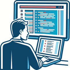 Caucasian developer intently codes, displaying focus on both laptop screen and monitor behind it