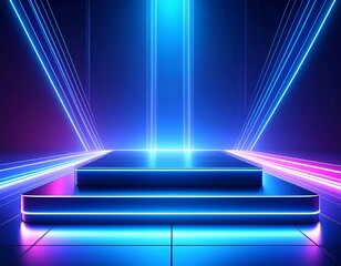 Wall Mural - Futuristic Platform Stage with Neon Lighting on Dark Surface with Abstract Geometric Shapes and Lines