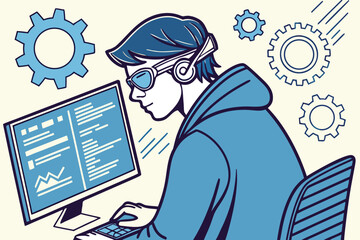 Side view of a male programmer in glasses working on computer with gears