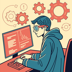 Focused person with glasses types before code and gears on the computer screen