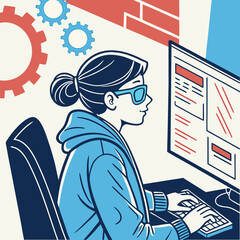 Cartoon woman with glasses typing on keyboard near gears and brick pattern