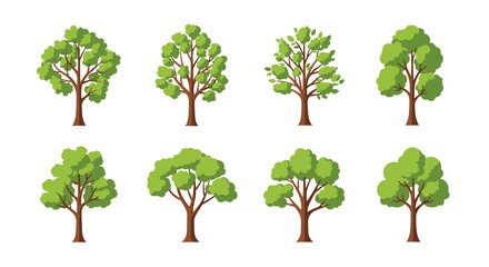 Collection of Eight Diverse Green Trees in Various Shapes and Sizes.
