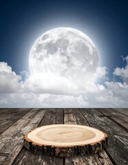 Wall Mural - Full Moon over a Wooden Stage Platform with Clouds at Night Background