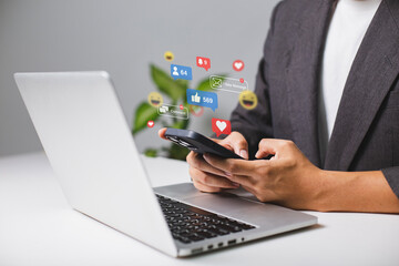 Man using laptop to work about live chat and social media marketing. internet network technology and business concept.
