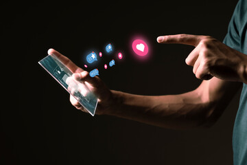 Young man using modern tablet, Social media concept.