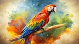 A striking red, yellow, and blue macaw parrot perched on a wooden branch against a vivid, abstract, and colorful paint splatter background