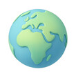 © Mr. Designer - 3D stylized illustration of Planet Earth, prominently featuring the continents of Africa and Europe. Smooth, light green landmasses, serene blue oceans, soft ethereal glow, minimalist digital art, glo