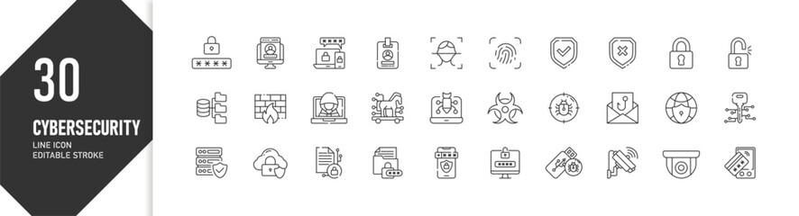 Cybersecurity Line Icons Editable Stroke: Protection, Security, and Data Safety