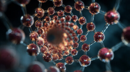 Microscopic view of a molecule spiral structure atoms connected intricate network science technology
