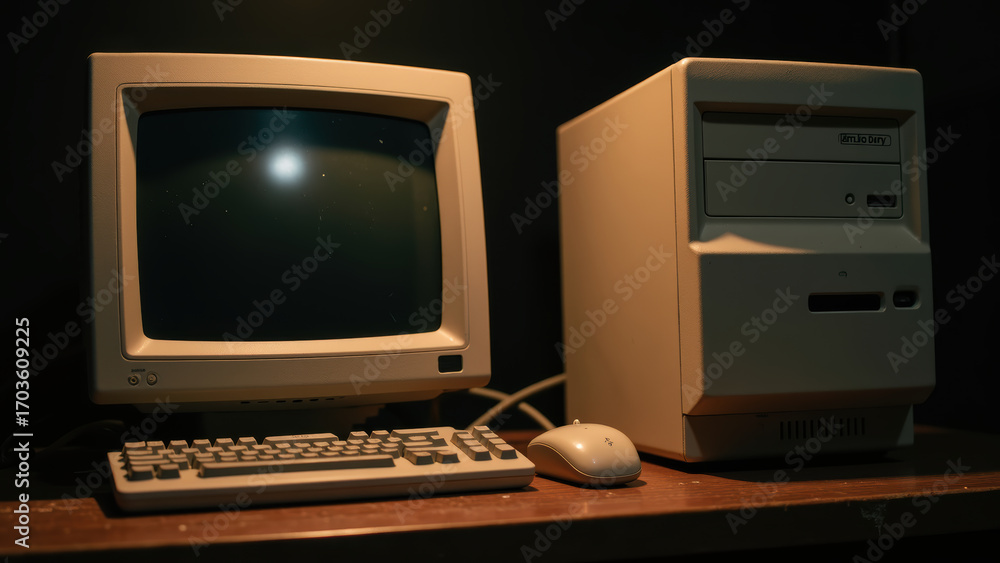 Vintage computer setup featuring classic monitor, keyboard, and CPU ...