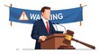 © Hokiia - Speaker at podium with warning banner and legal gavel, symbolizing caution, official notice, and public address.
