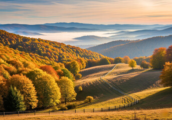  Autumn's Golden Embrace: A stunning vista of rolling hills blanketed in the warm hues of autumn, with vibrant trees, misty valleys, and a serene sky creating a captivating landscape.