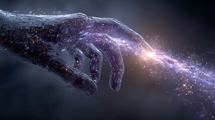 Futuristic robotic hand reaching out to a vibrant stream of energy, representing innovation and technological advancement