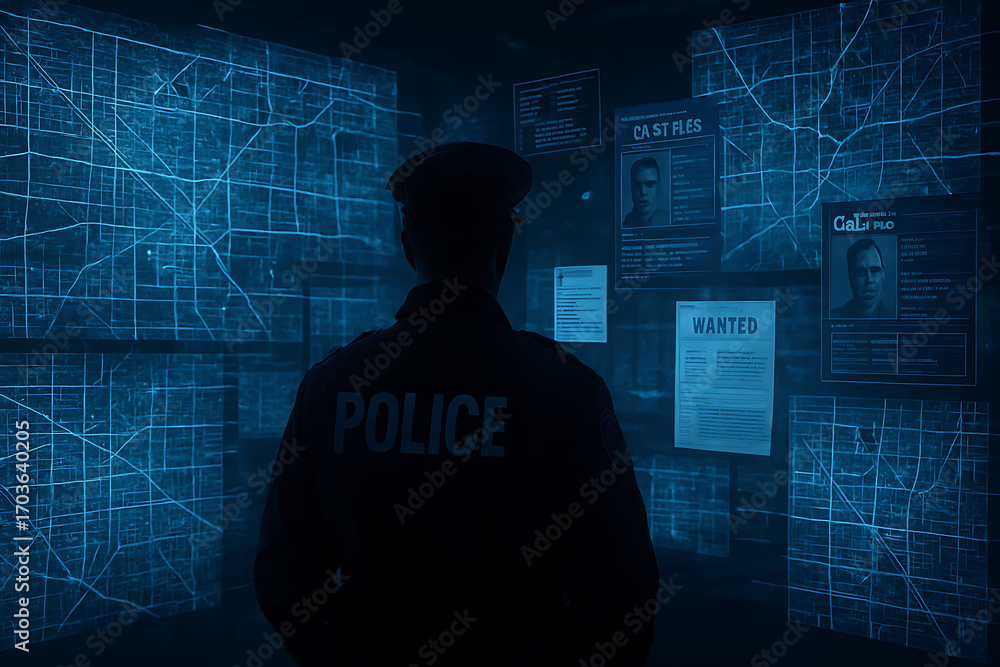 Police officer crime investigation detective looking map wanted posters ...