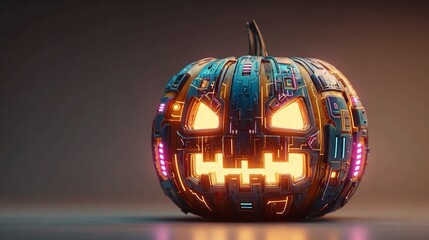 Futuristic cybernetic Halloween pumpkin glowing with neon lights brings a high-tech twist to spooky season celebrations, perfect for modern Halloween designs.