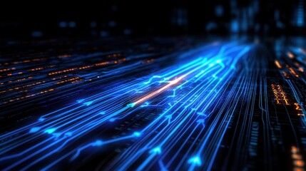 Wall Mural - Futuristic blue digital graph with glowing lines and upward arrows over a dark grid background, symbolizing growth